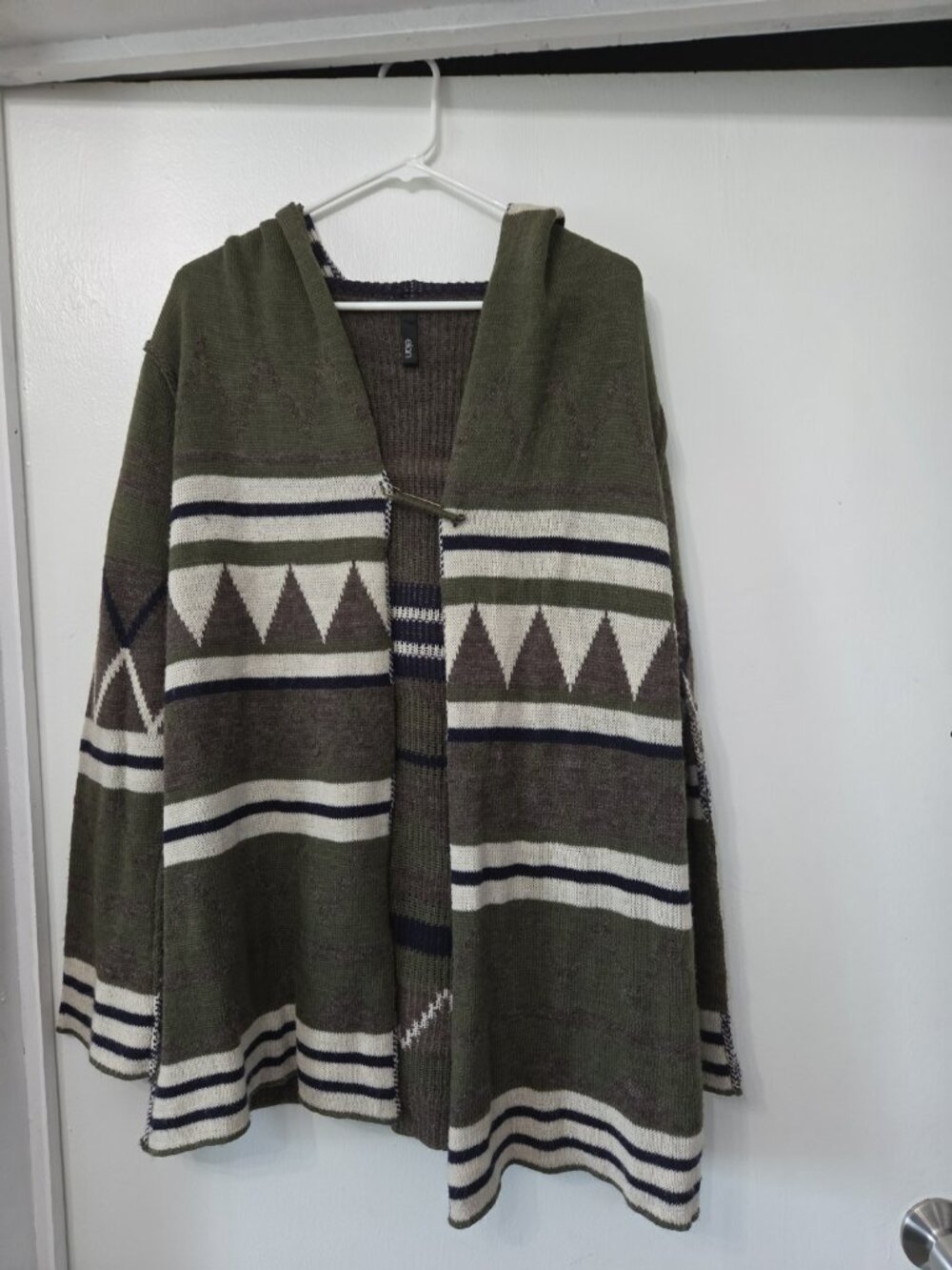 Elan Womens Green Cream Brown Hooded Cardigan Sweater XL